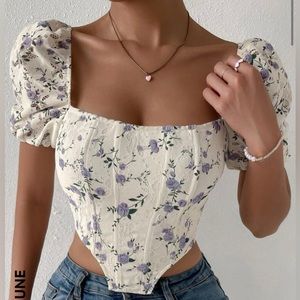 Floral Print Square Neck Puff Sleeve Asymmetrical Hem Lace Blouse